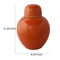 Decorative Ginger Jar with Dome Lid, Orange Glazed Ceramic, 11 Inch-BM353395