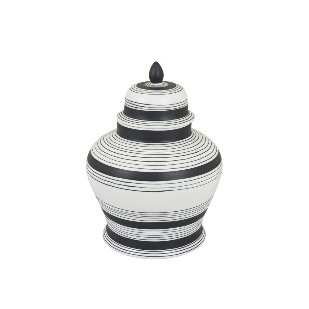 Decorative Ginger Jar with Lid, Black and White Striped Ceramic, 12 Inch-BM353396
