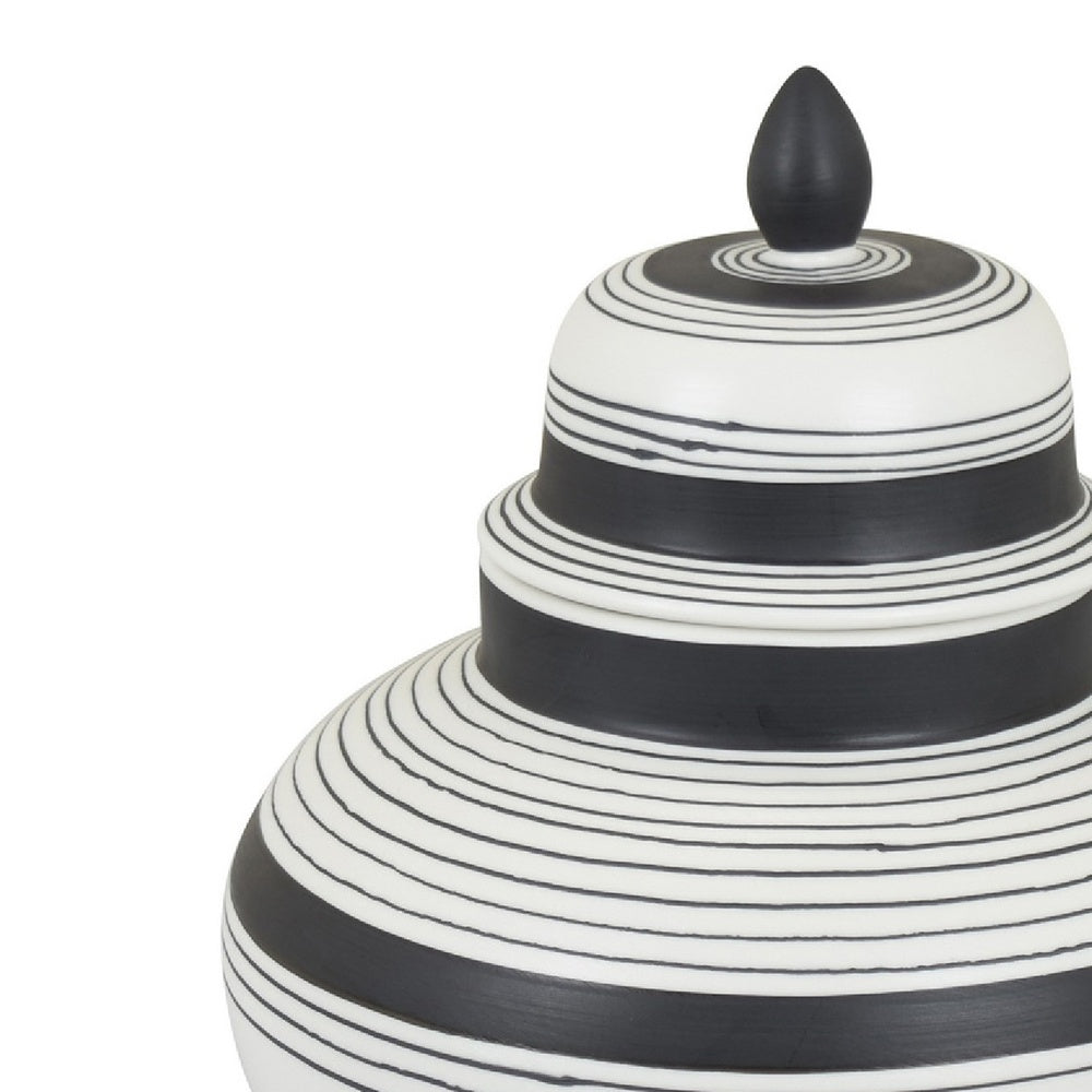 Decorative Ginger Jar with Lid, Black and White Striped Ceramic, 12 Inch-BM353396