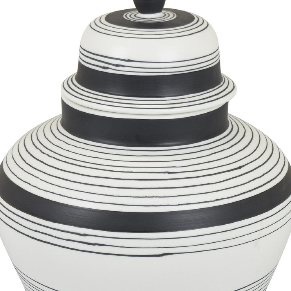 Decorative Ginger Jar with Lid, Black and White Striped Ceramic, 12 Inch-BM353396