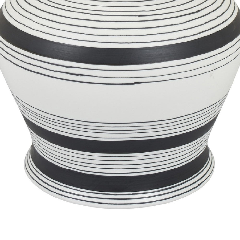 Decorative Ginger Jar with Lid, Black and White Striped Ceramic, 12 Inch-BM353396