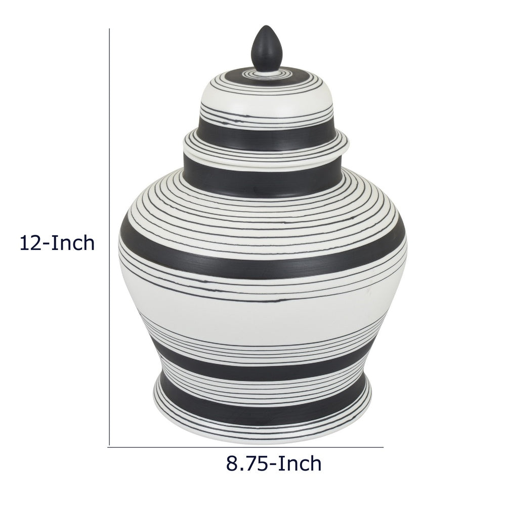 Decorative Ginger Jar with Lid, Black and White Striped Ceramic, 12 Inch-BM353396