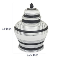 Decorative Ginger Jar with Lid, Black and White Striped Ceramic, 12 Inch-BM353396