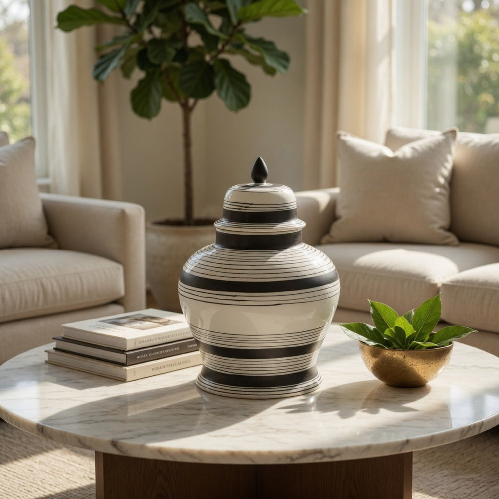 Decorative Ginger Jar with Lid, Black and White Striped Ceramic, 12 Inch-BM353396