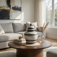 Decorative Ginger Jar with Lid, Black and White Striped Ceramic, 12 Inch-BM353396