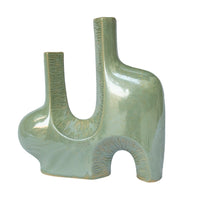 Decorative Vase, Dual Neck Sculptural Art, Sage Green Ceramic, 14 Inch-BM353397