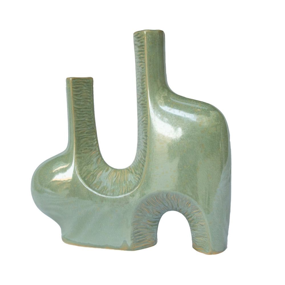Decorative Vase, Dual Neck Sculptural Art, Sage Green Ceramic, 14 Inch-BM353397