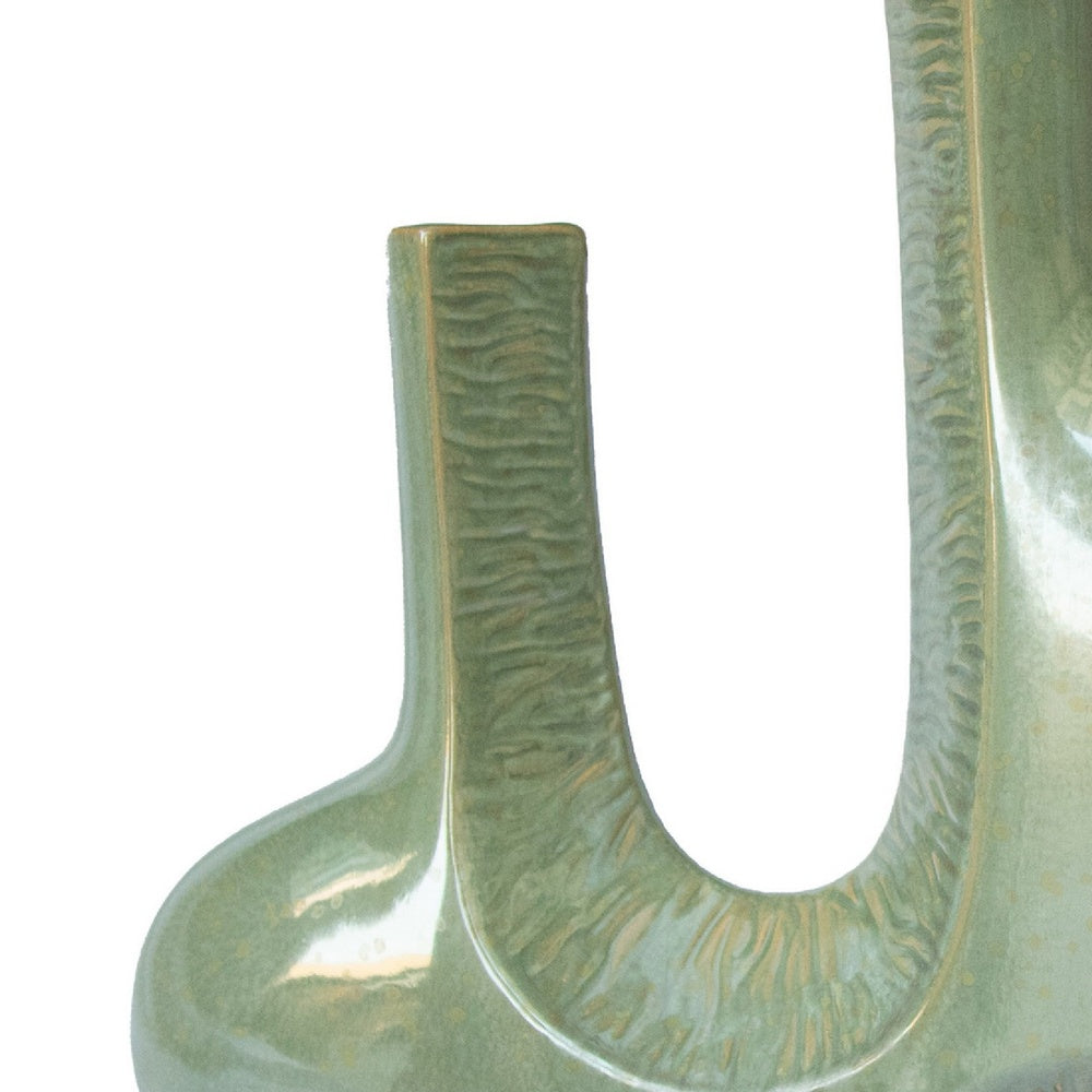 Decorative Vase, Dual Neck Sculptural Art, Sage Green Ceramic, 14 Inch-BM353397