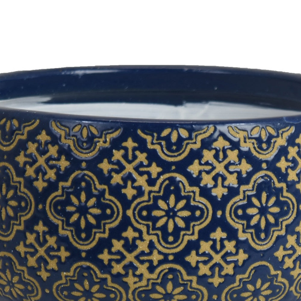 Hea Decorative Planter, Blue Gold Moroccan Pattern Footed Bowl, 9 Inch-BM353398