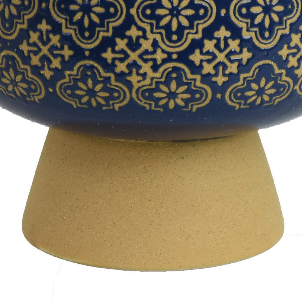 Hea Decorative Planter, Blue Gold Moroccan Pattern Footed Bowl, 9 Inch-BM353398