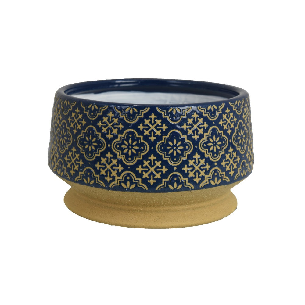 Hea Decorative Planter, Blue Gold Moroccan Pattern Footed Bowl, 10 Inch-BM353399