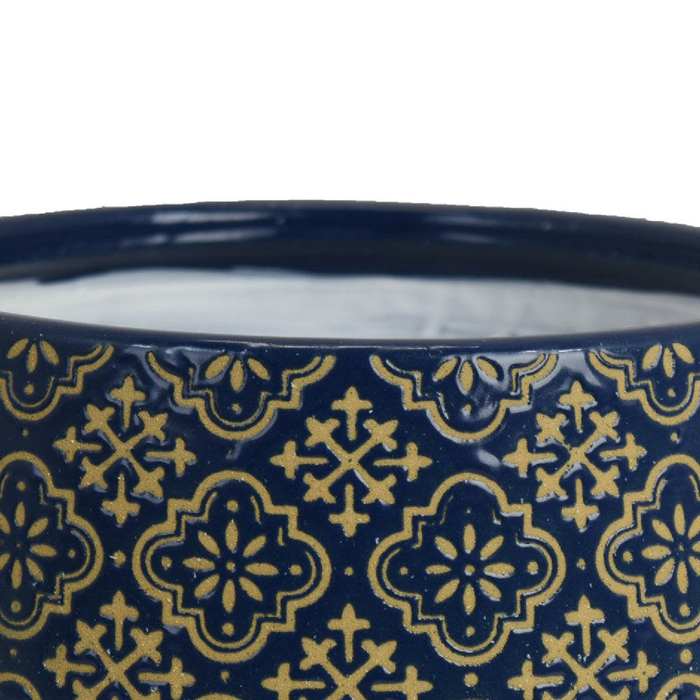 Hea Decorative Planter, Blue Gold Moroccan Pattern Footed Bowl, 10 Inch-BM353399