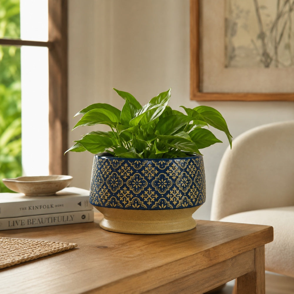 Hea Decorative Planter, Blue Gold Moroccan Pattern Footed Bowl, 10 Inch-BM353399