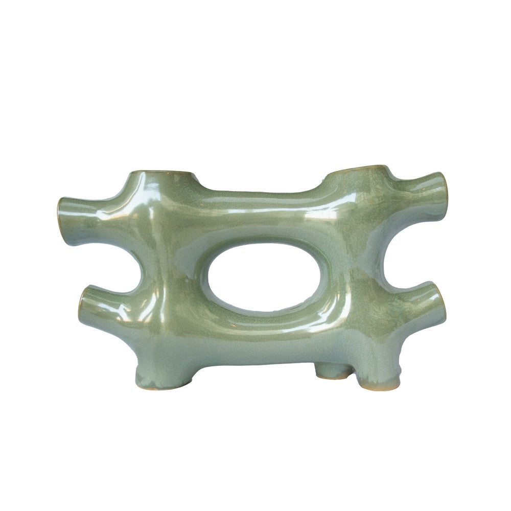 Sculptural Vase Décor, Glazed Abstract Art, 17 Inch Sage Green Ceramic-BM353400