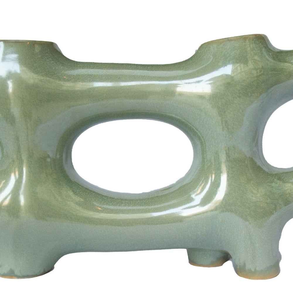 Sculptural Vase Décor, Glazed Abstract Art, 17 Inch Sage Green Ceramic-BM353400
