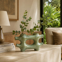 Sculptural Vase Décor, Glazed Abstract Art, 17 Inch Sage Green Ceramic-BM353400