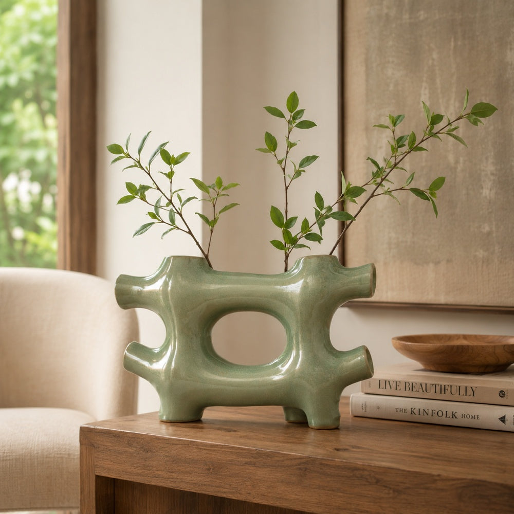 Sculptural Vase Décor, Glazed Abstract Art, 17 Inch Sage Green Ceramic-BM353400