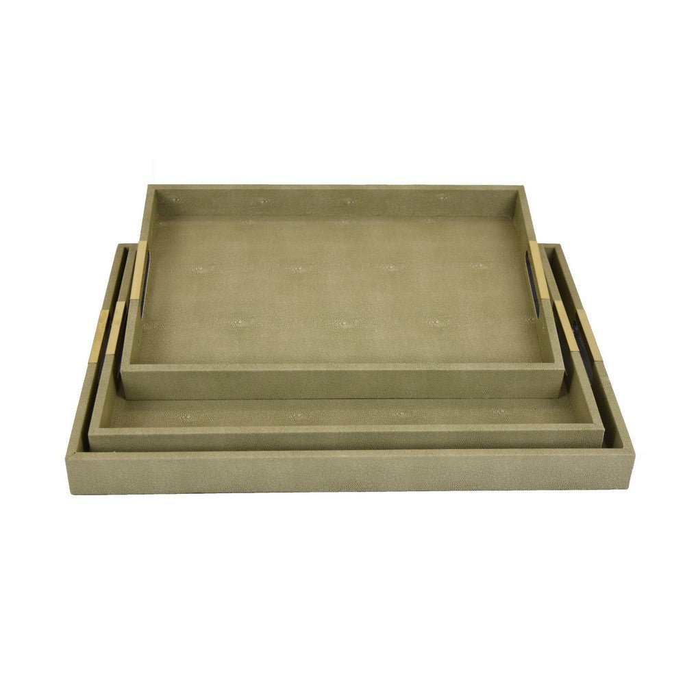 Koi 3pc Nested Serving Tray Set, Faux Shagreen Texture, Sage Green Wood-BM353401