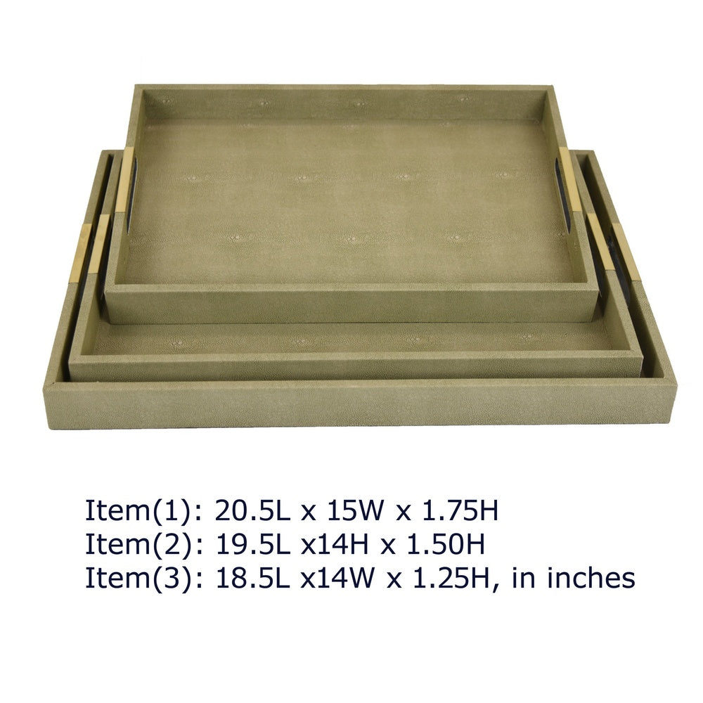Koi 3pc Nested Serving Tray Set, Faux Shagreen Texture, Sage Green Wood-BM353401