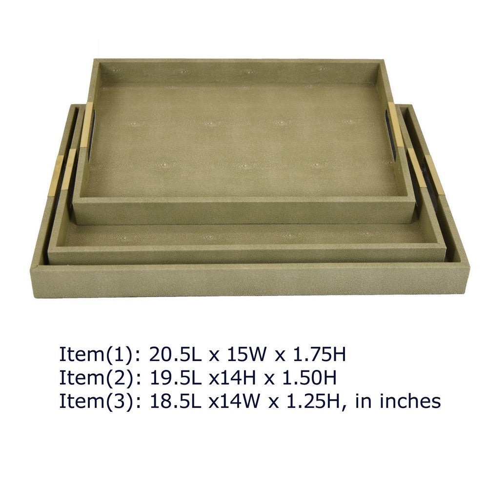 Koi 3pc Nested Serving Tray Set, Faux Shagreen Texture, Sage Green Wood-BM353401