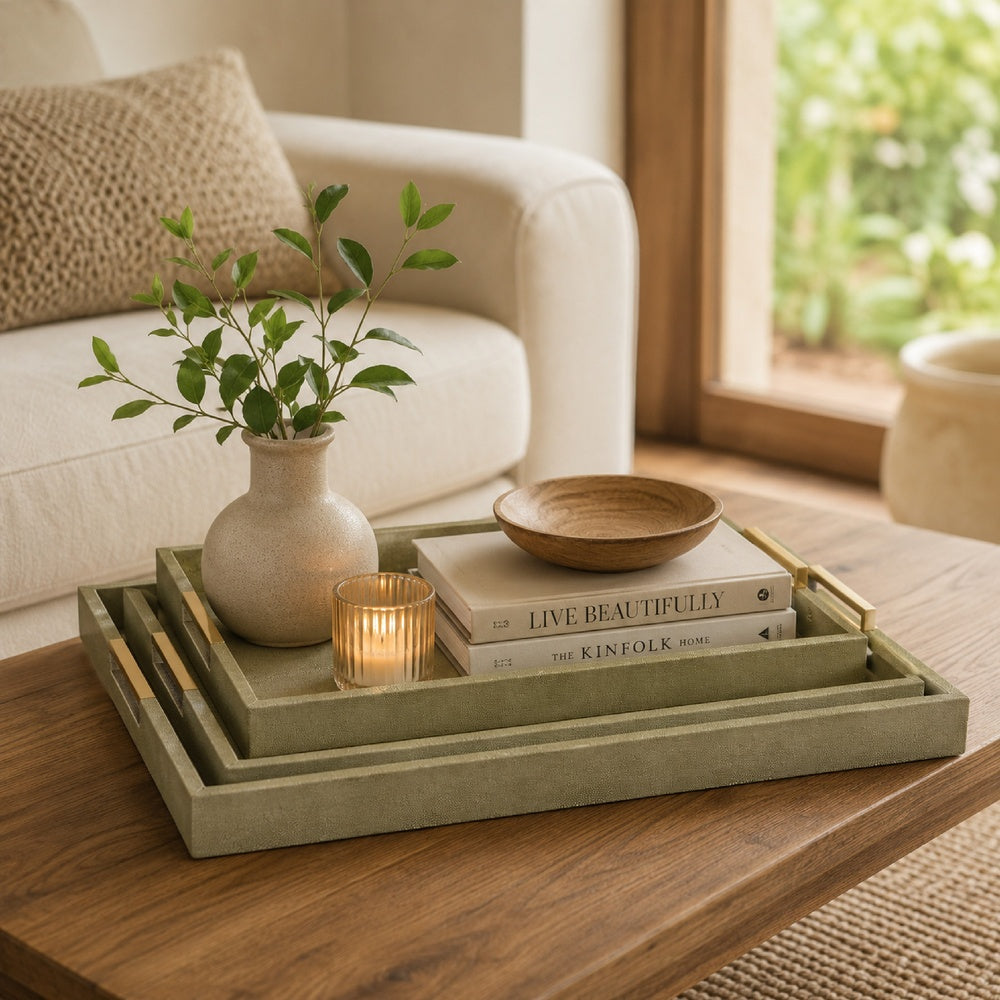 Koi 3pc Nested Serving Tray Set, Faux Shagreen Texture, Sage Green Wood-BM353401