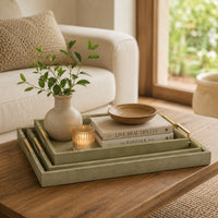 Koi 3pc Nested Serving Tray Set, Faux Shagreen Texture, Sage Green Wood-BM353401
