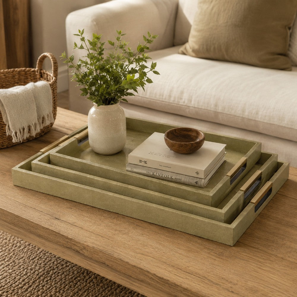 Koi 3pc Nested Serving Tray Set, Faux Shagreen Texture, Sage Green Wood-BM353401