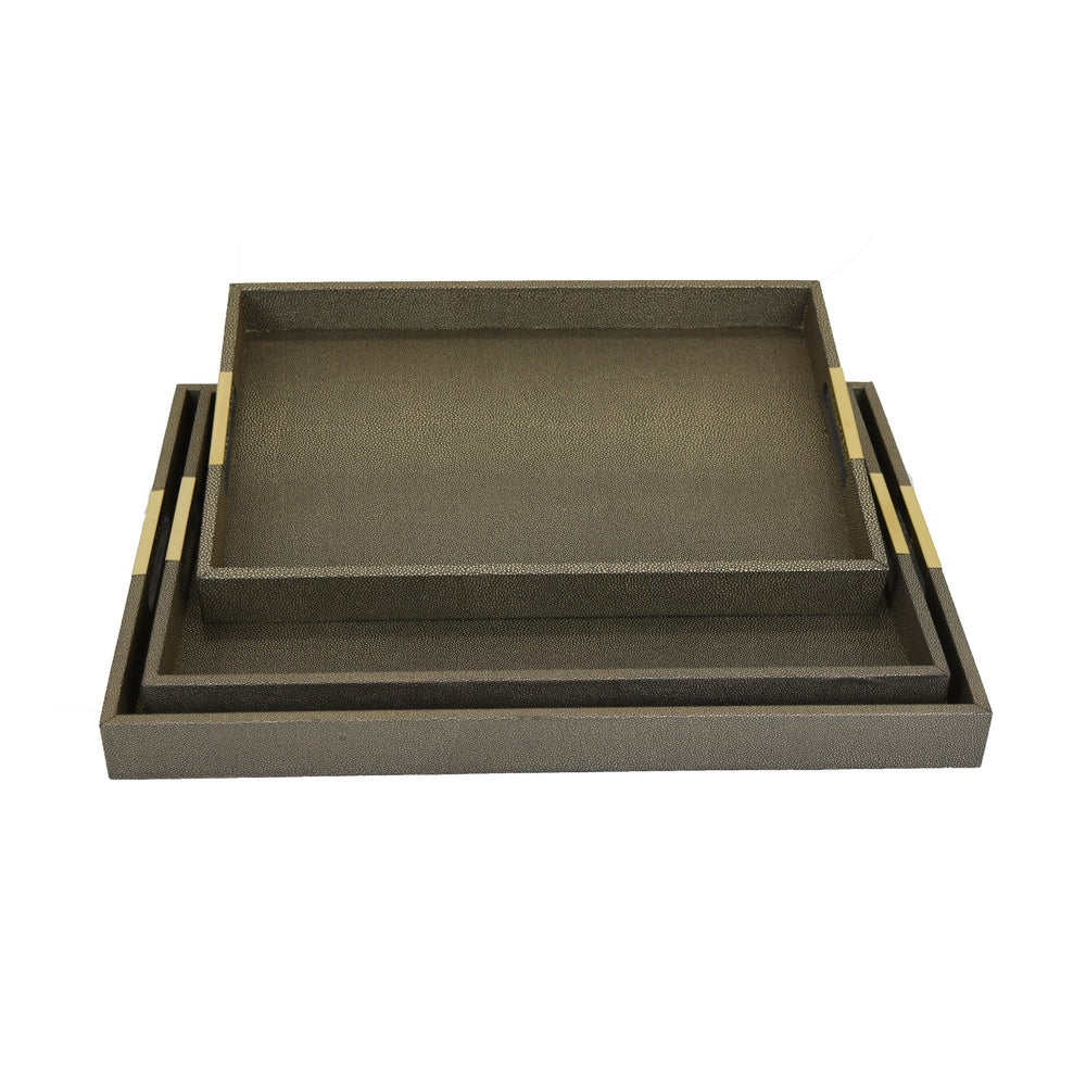 Koi 3pc Nested Serving Tray Set, Faux Shagreen Texture, Bronze Wood-BM353402