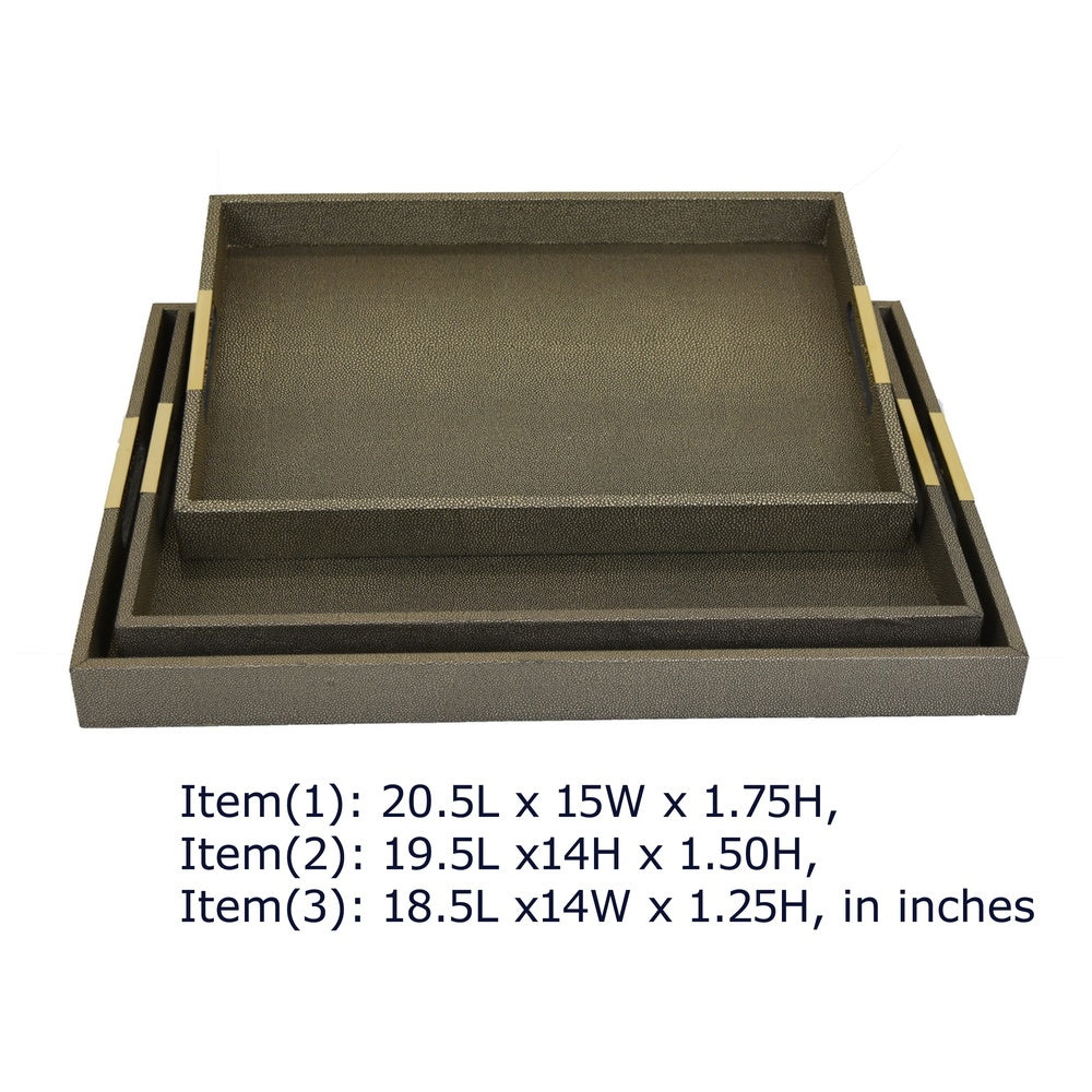 Koi 3pc Nested Serving Tray Set, Faux Shagreen Texture, Bronze Wood-BM353402
