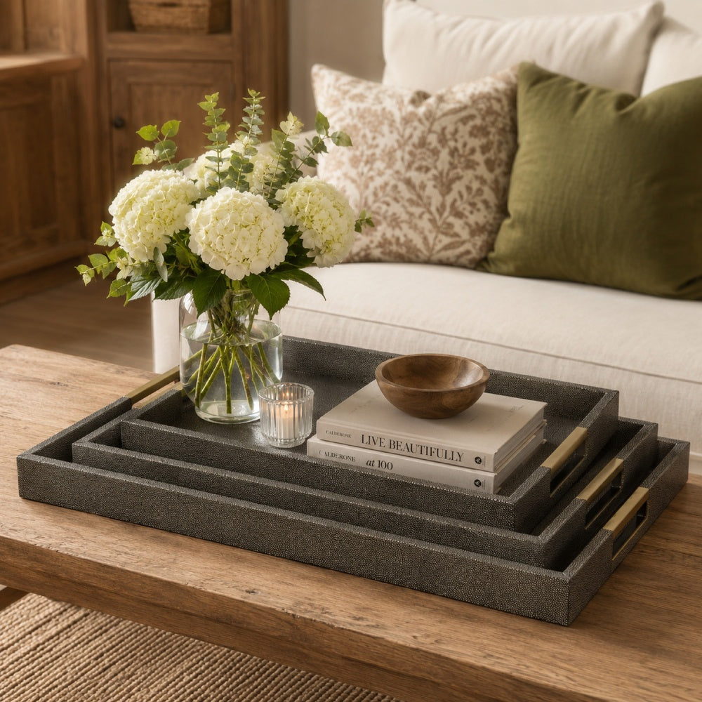 Koi 3pc Nested Serving Tray Set, Faux Shagreen Texture, Bronze Wood-BM353402