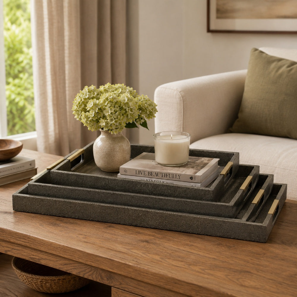 Koi 3pc Nested Serving Tray Set, Faux Shagreen Texture, Bronze Wood-BM353402