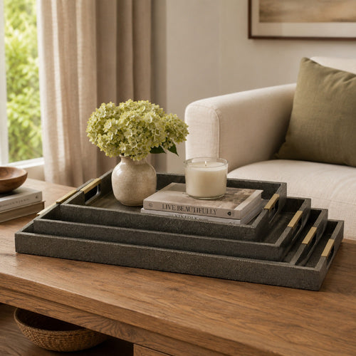 Koi 3pc Nested Serving Tray Set, Faux Shagreen Texture, Bronze Wood-BM353402