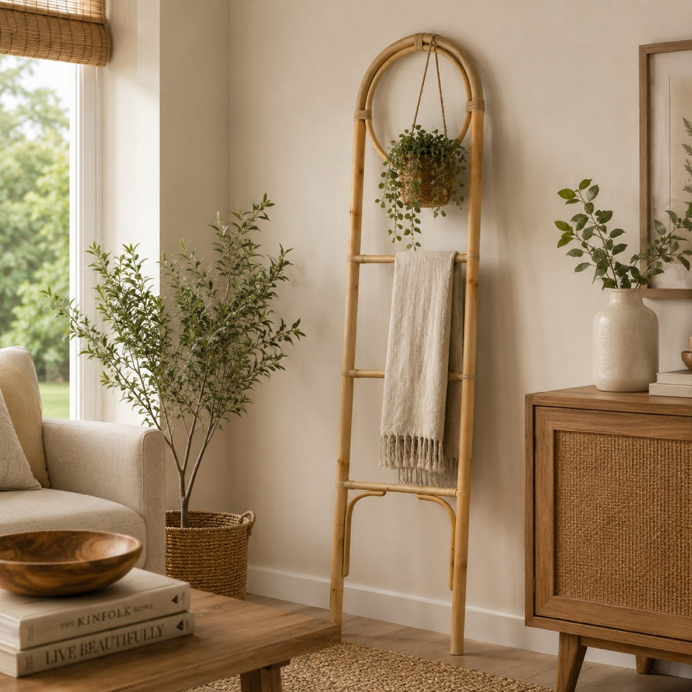 Kinu Decorative Ladder Rack with Round Top, Natural Brown Fiber, 72 Inch-BM353403