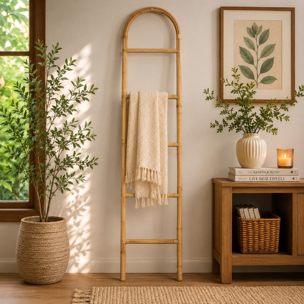 Kinu Decorative Ladder Rack with Arch Top, Natural Brown Wood, 72 Inch-BM353404