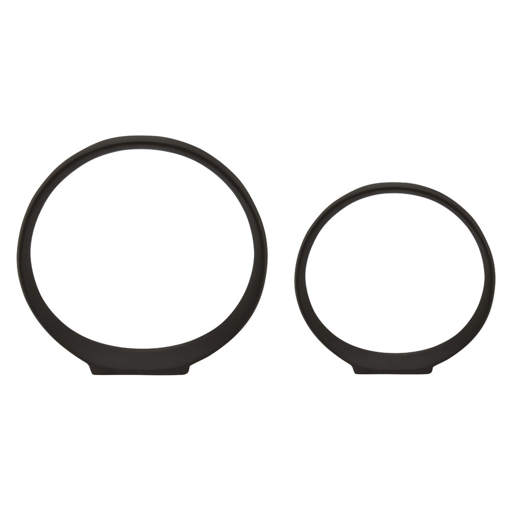 Circular Ring Sculpted Tabletop Décor Set of 2, Matte Black Metal-BM353405