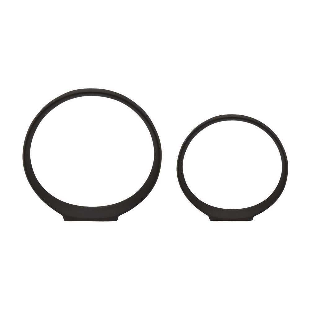 Circular Ring Sculpted Tabletop Décor Set of 2, Matte Black Metal-BM353405