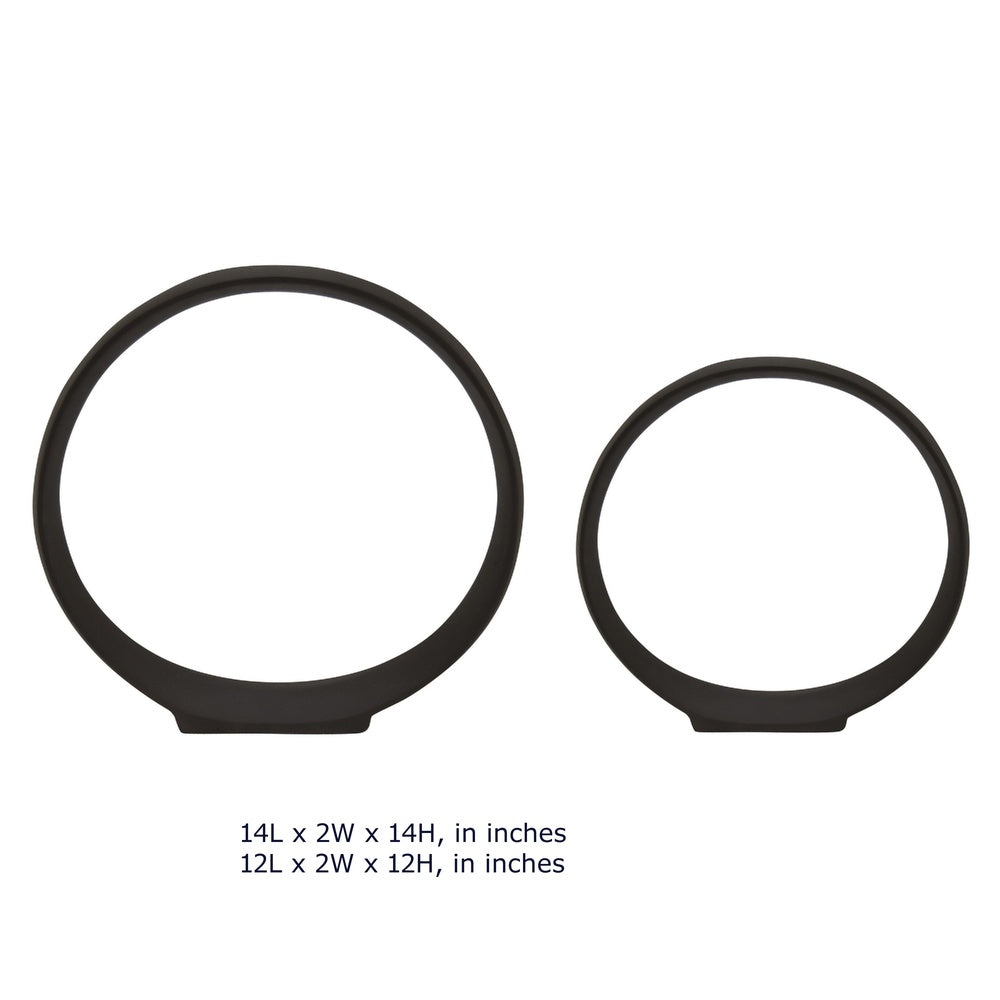 Circular Ring Sculpted Tabletop Décor Set of 2, Matte Black Metal-BM353405