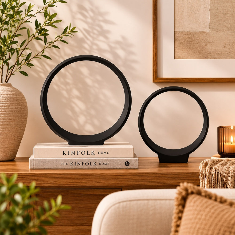 Circular Ring Sculpted Tabletop Décor Set of 2, Matte Black Metal-BM353405