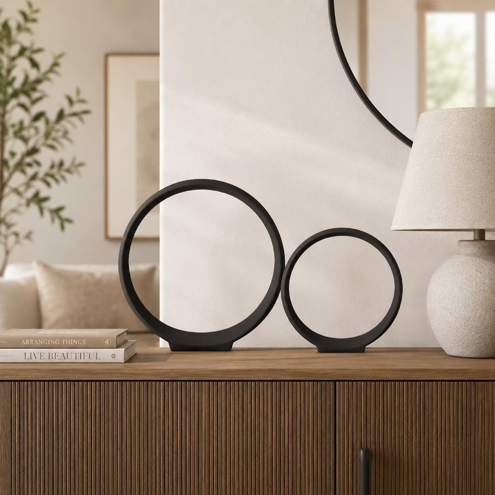Circular Ring Sculpted Tabletop Décor Set of 2, Matte Black Metal-BM353405