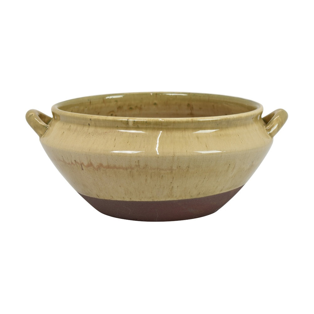 Decorative Serving Bowl, 2 Tone Rustic Brown Glazed Ceramic, 11 Inch-BM353407