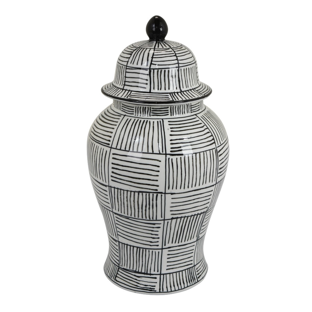 Loi Temple Jar with Lid, Black White Grid Pattern Ceramic, 17 Inch Decor-BM353408