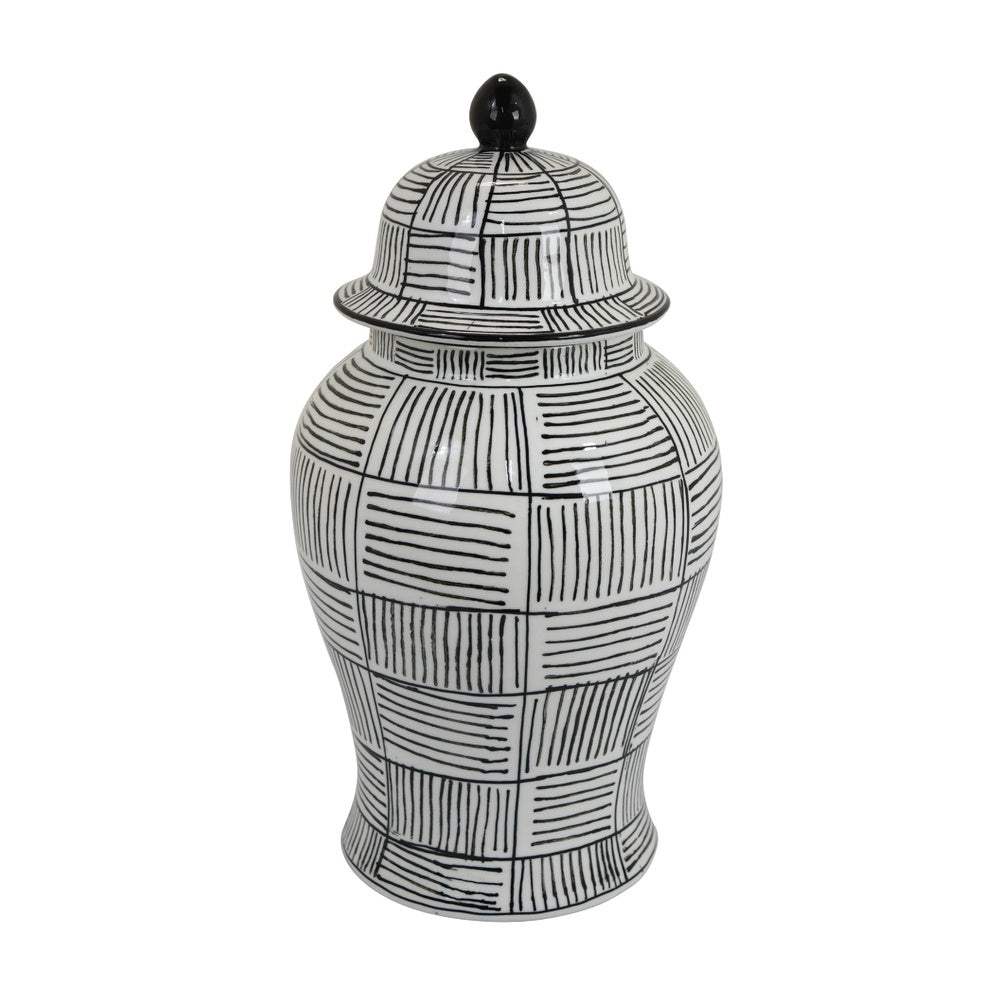 Loi Temple Jar with Lid, Black White Grid Pattern Ceramic, 17 Inch Decor-BM353408