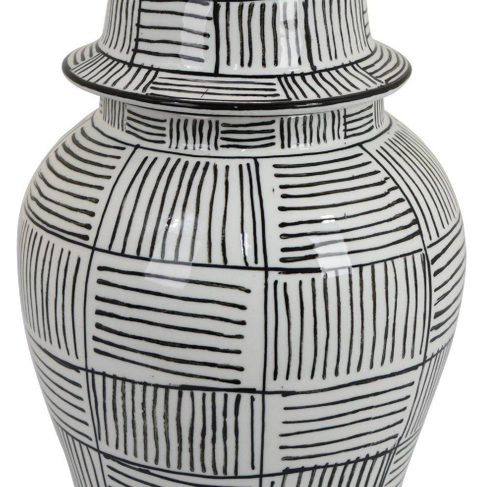 Loi Temple Jar with Lid, Black White Grid Pattern Ceramic, 17 Inch Decor-BM353408
