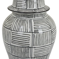 Loi Temple Jar with Lid, Black White Grid Pattern Ceramic, 17 Inch Decor-BM353408