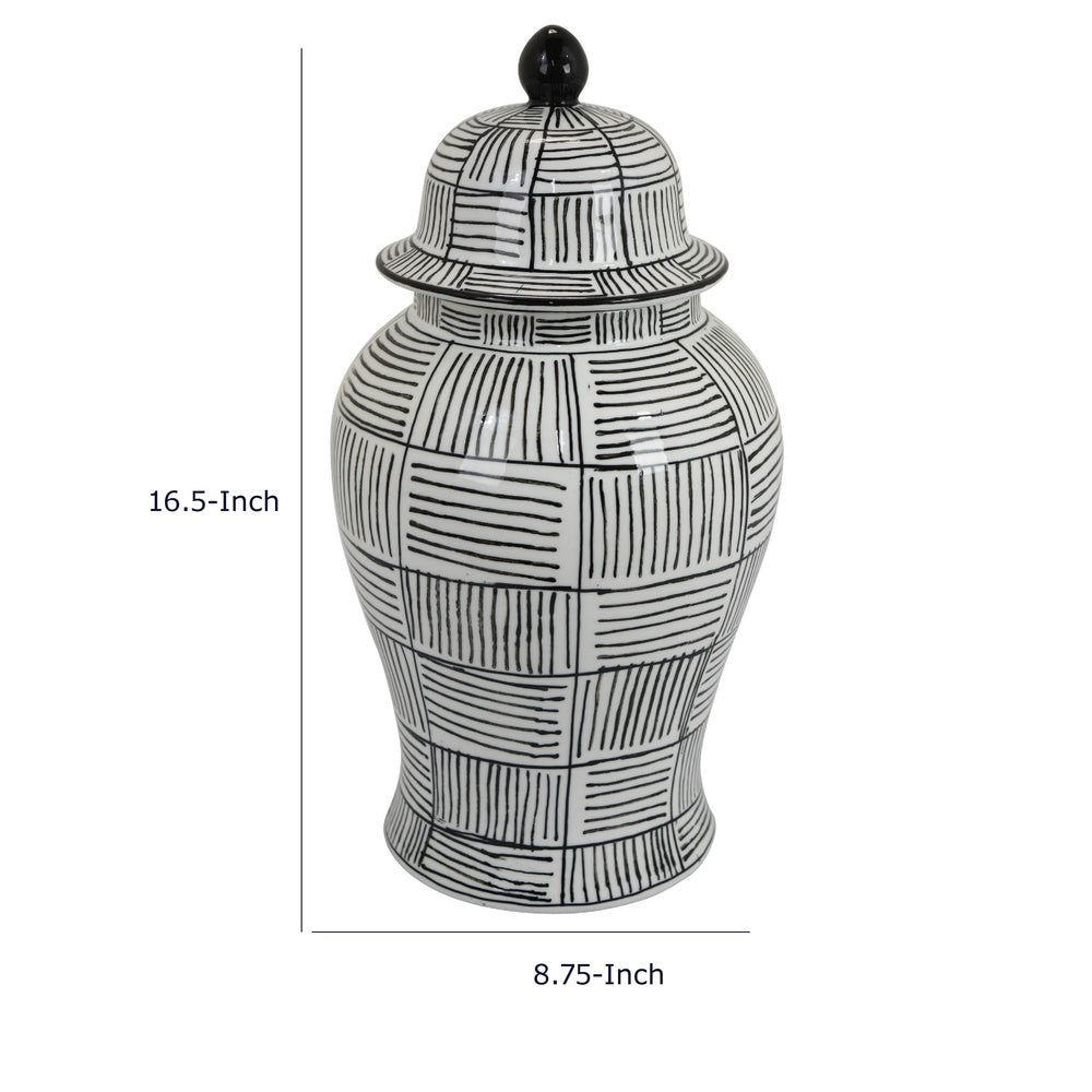 Loi Temple Jar with Lid, Black White Grid Pattern Ceramic, 17 Inch Decor-BM353408
