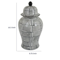 Loi Temple Jar with Lid, Black White Grid Pattern Ceramic, 17 Inch Decor-BM353408