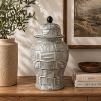 Loi Temple Jar with Lid, Black White Grid Pattern Ceramic, 17 Inch Decor-BM353408