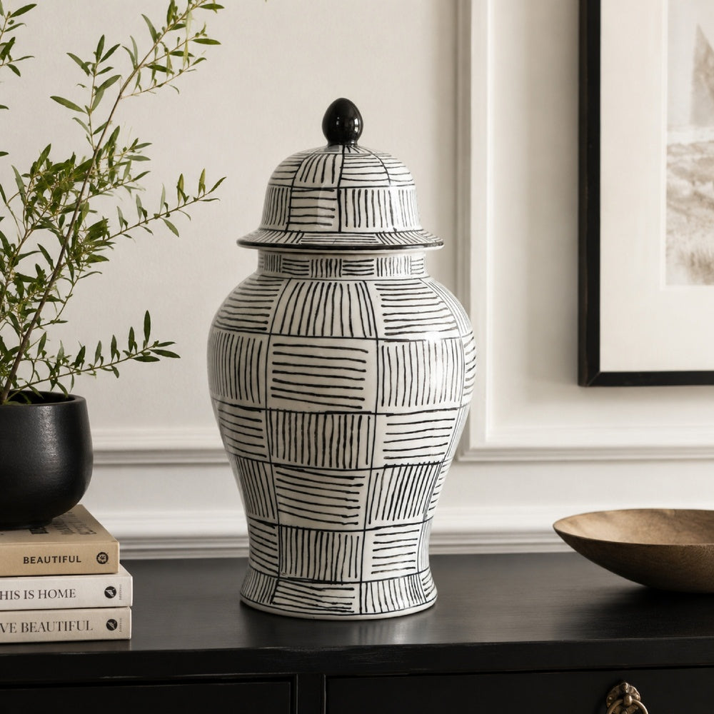 Loi Temple Jar with Lid, Black White Grid Pattern Ceramic, 17 Inch Decor-BM353408