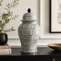 Loi Temple Jar with Lid, Black White Grid Pattern Ceramic, 17 Inch Decor-BM353408