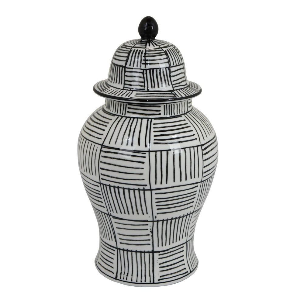 Loi Temple Jar with Lid, Black White Grid Pattern Ceramic, 13 Inch Decor-BM353409